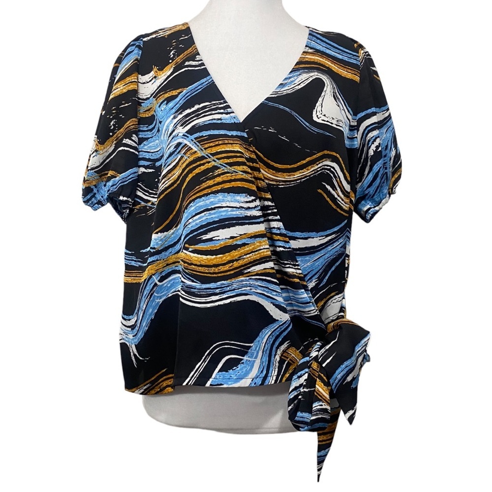 Nine West Silky Wrap Puff Sleeve Abstract Color Wave Top Size L